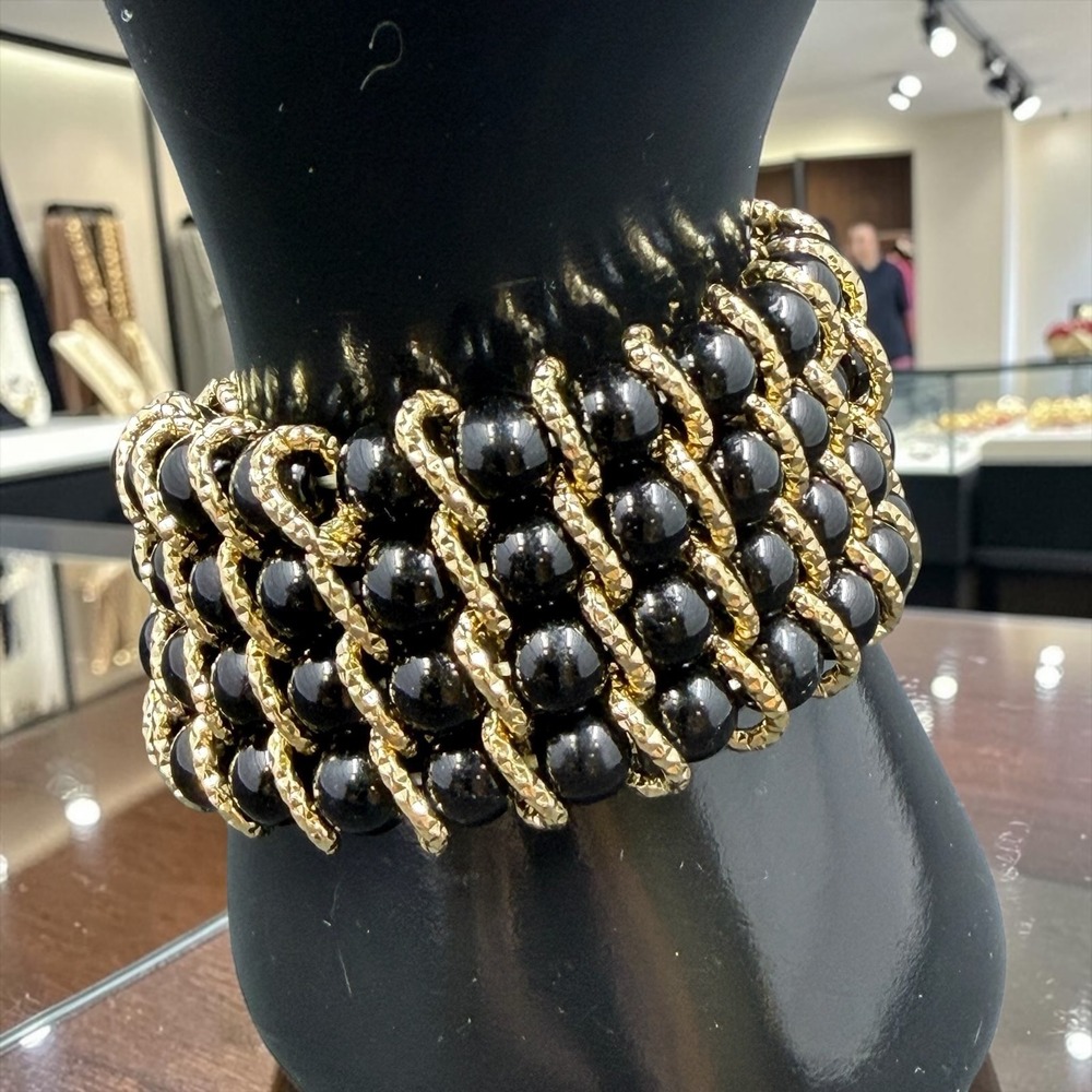Beautiful Black Beaded Stretch Cuff Bracelet Gold Tone Wide Statement Chunky NWT